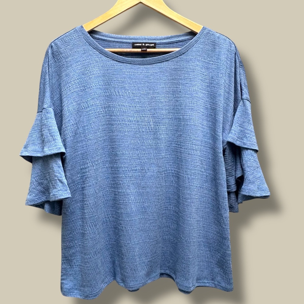 Cable & Gauge Womens Blue Ruffle Sleeve Scoop Neck Slub Knit Top Size Large